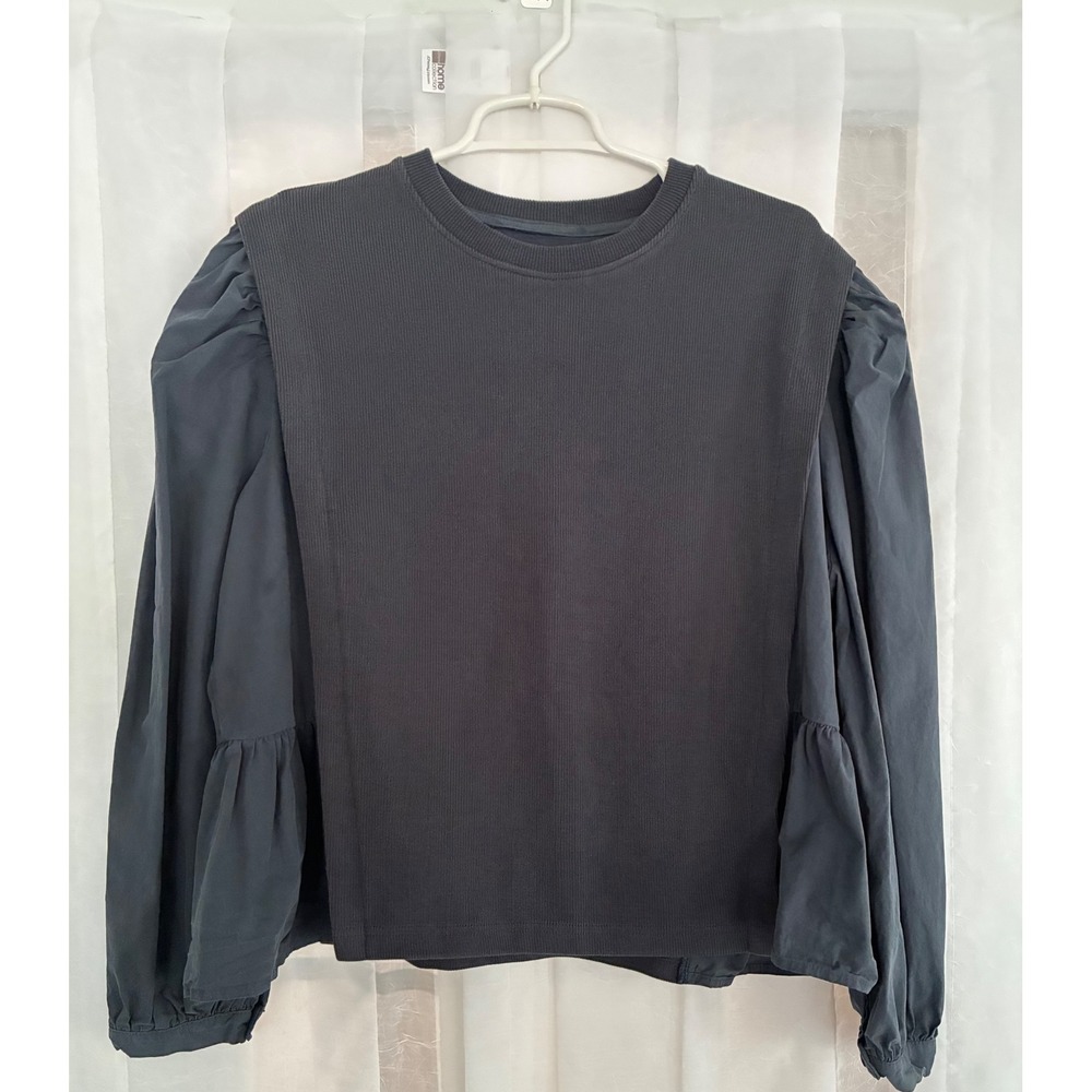 Suit of love Charcoal Gray Mixed Media Puff Sleeve Ribbed Knit Top Crew Neck